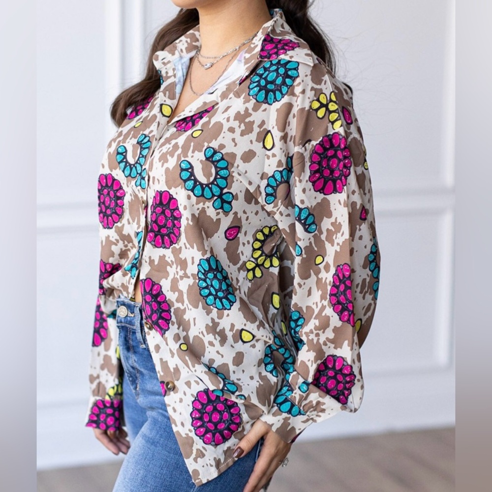 Cow print concho button up